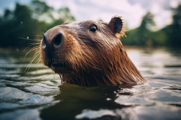 Foto hay un animal marrón que está nadando en el agua generativa ai