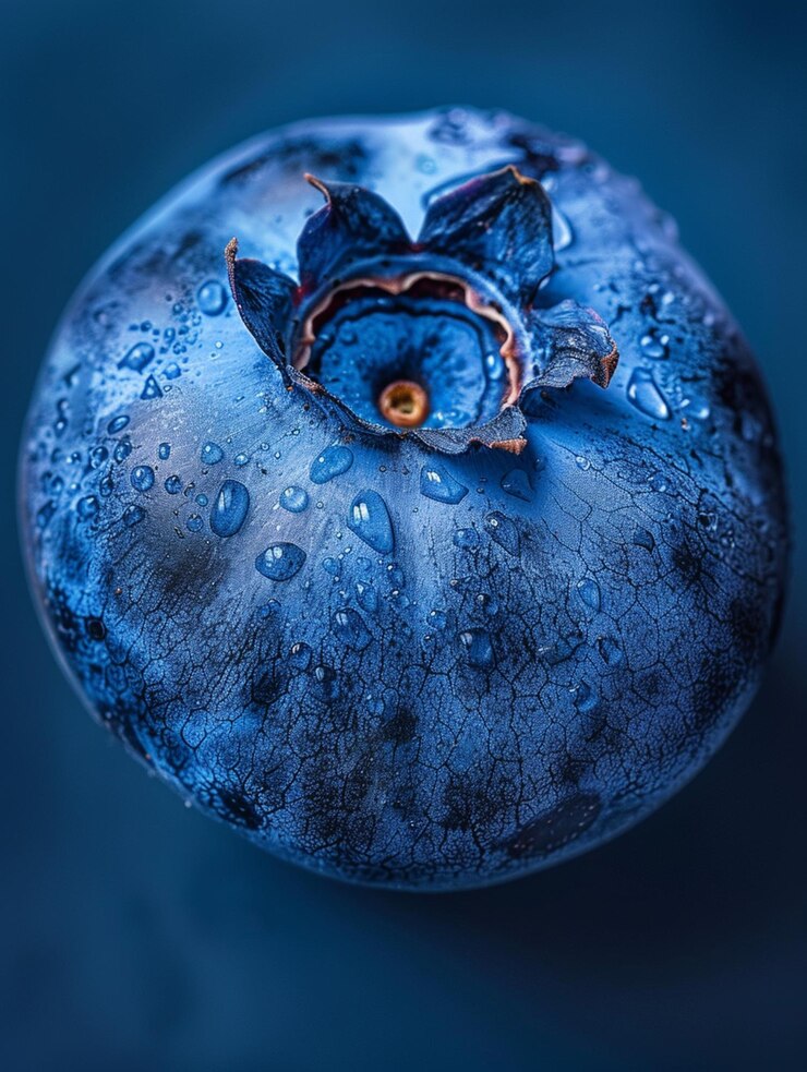 Hay un arándano con gotas de agua en una superficie azul generativa ai