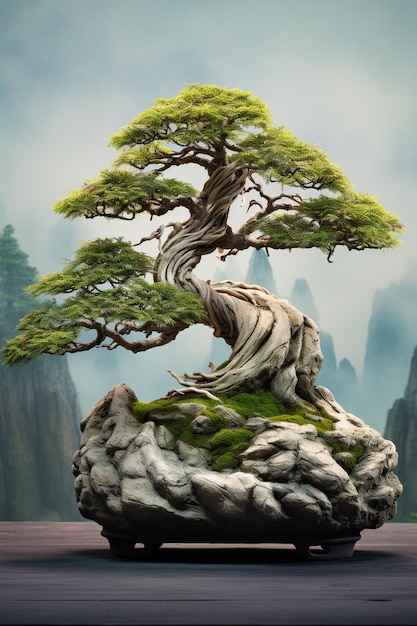 Hay un árbol bonsai en una roca en el medio de una montaña generativa ai