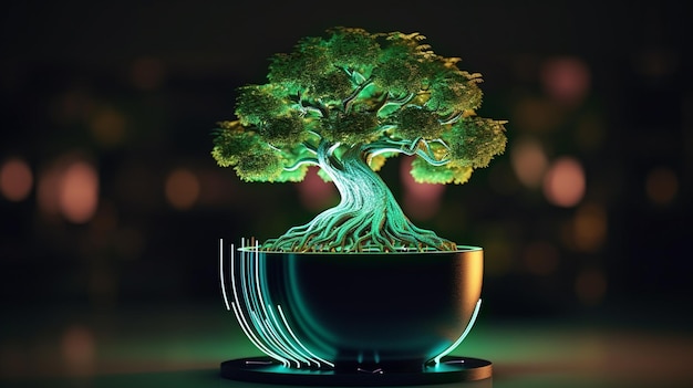hay un árbol bonsai en una taza con una luz encendida ai generativa