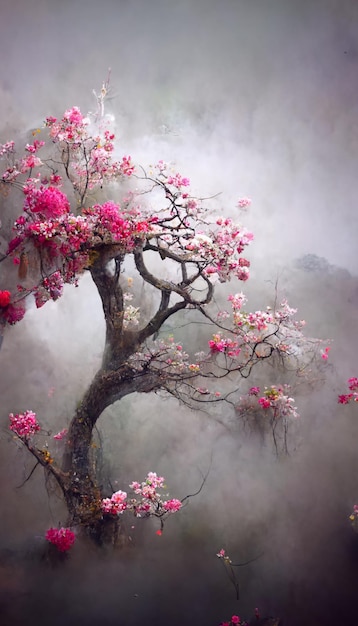 hay un árbol con flores rosadas en el área de niebla generativa ai