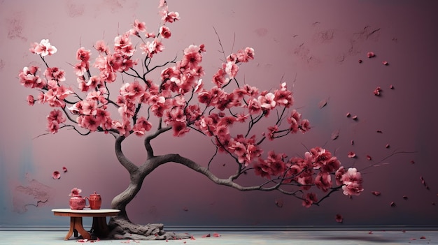 hay un árbol con flores rosadas en una habitación ai generativa
