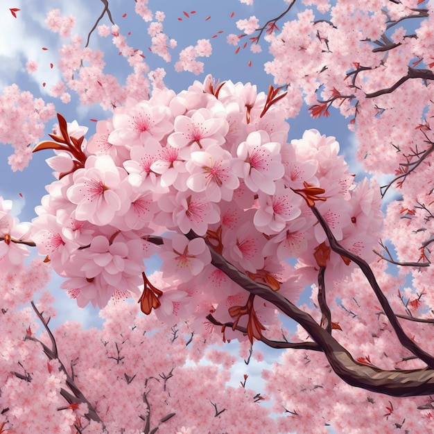 Hay un árbol grande con flores rosas en él generativo ai