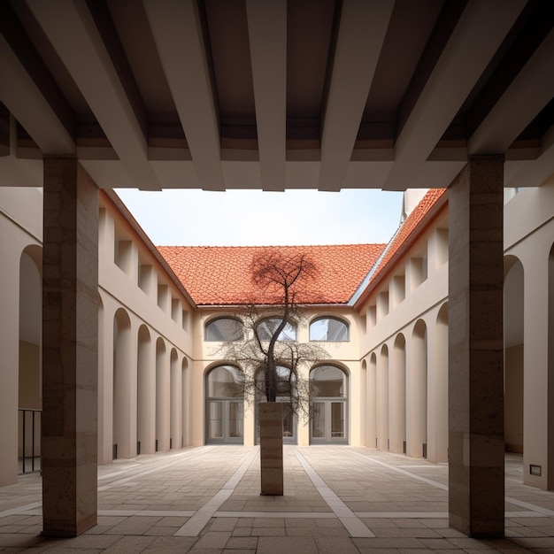 Hay un árbol en un jarrón en un patio de un edificio ai generativo