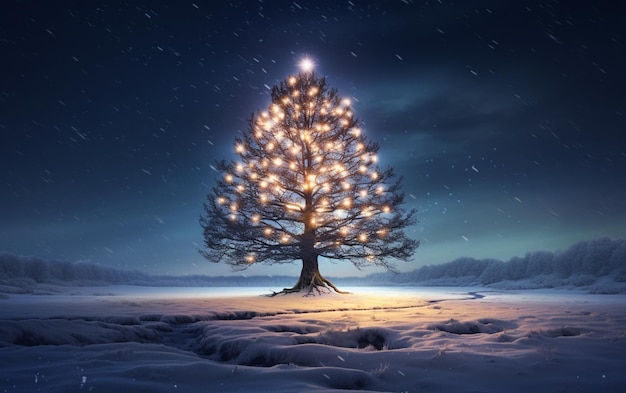 hay un árbol con luces en la nieve generativo ai