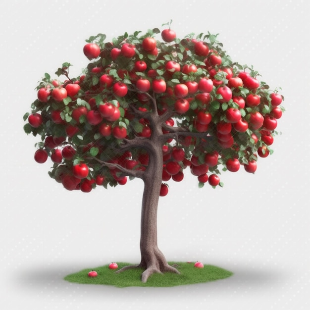 Hay un árbol con manzanas rojas en él en la hierba generativa ai