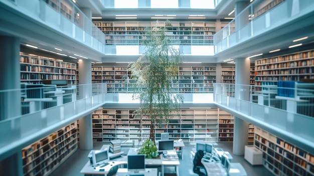 hay un árbol en el medio de una biblioteca con computadoras generativas ai