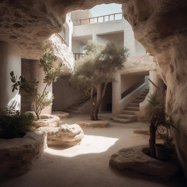 Hay un árbol en el medio de un patio con escaleras generativas ai