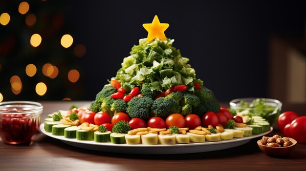 hay un árbol de Navidad hecho de verduras y frutas en un plato generativo ai