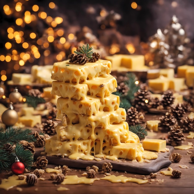 hay un árbol de Navidad sobre una mesa de madera con un montón de queso.