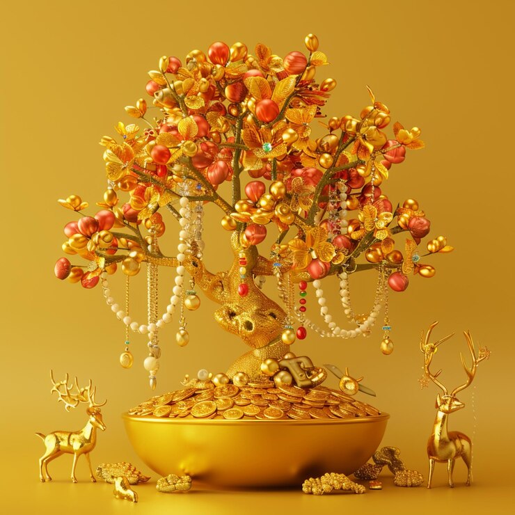 hay un árbol de oro con adornos y un ciervo en el fondo generativo ai