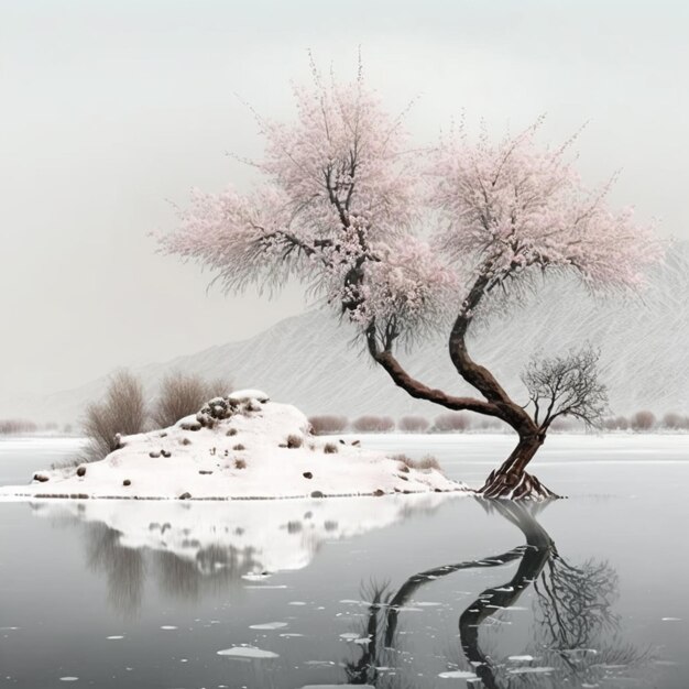 Hay un árbol que está de pie en el agua generativa ai