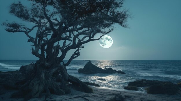 Hay un árbol que está de pie en la playa por el generador de agua ai