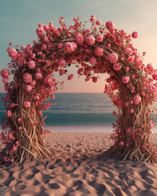 Hay un arco hecho de ramas y flores en la playa generativa ai