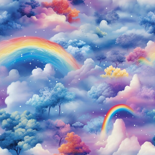 hay un arco iris en el cielo con nubes y árboles generativos ai