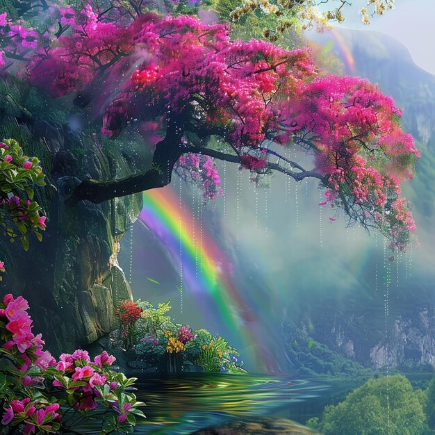 hay un arco iris en el cielo sobre un río y un árbol generativo ai