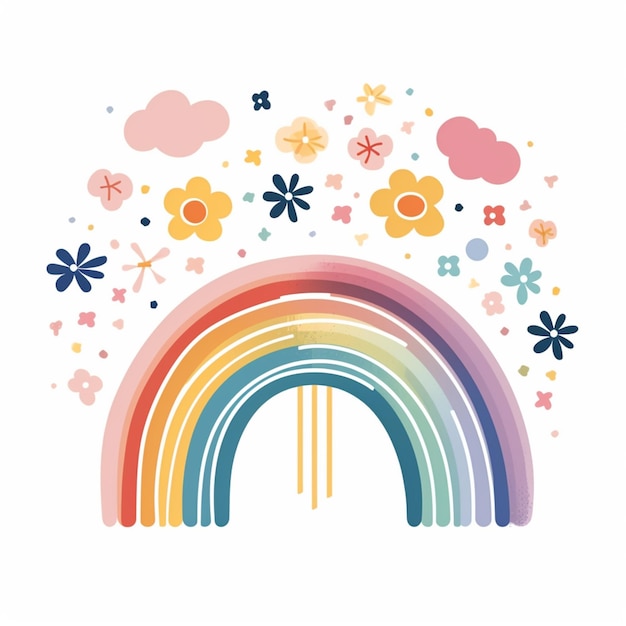 Foto hay un arco iris con flores y nubes en el cielo generativo ai