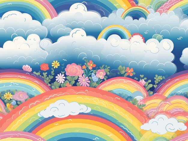 hay un arco iris y nubes en el cielo con flores ai generativas