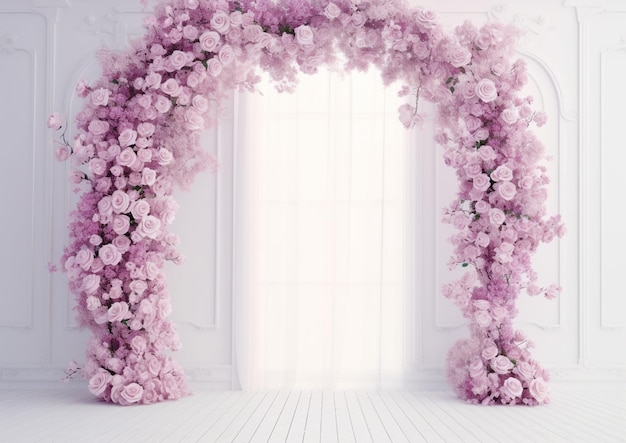 Hay un arco rosa con flores en una habitación generativa ai