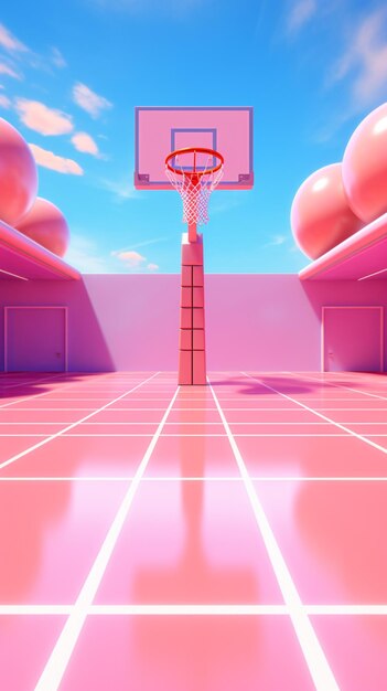 hay un aro de baloncesto en el medio de un suelo rosa generativo ai