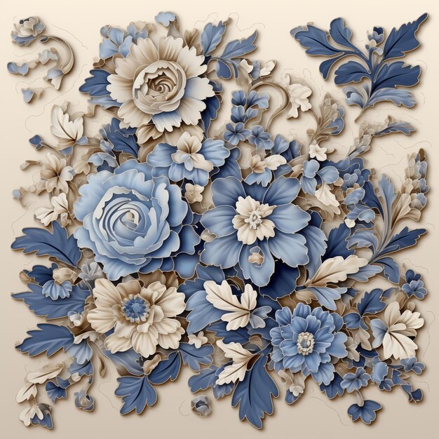 Foto hay un arreglo de flores azules y blancas en un fondo beige generativo ai