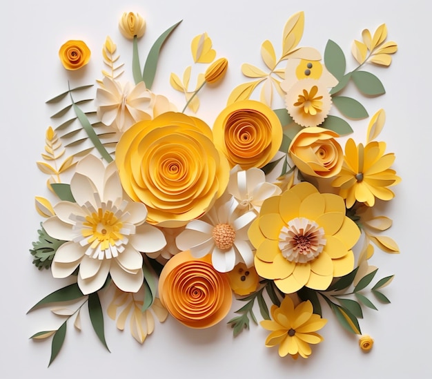 Hay un arreglo de flores de papel hecho de flores amarillas y blancas generativo ai