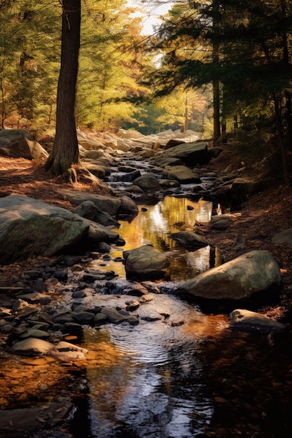 Hay un arroyo que atraviesa un bosque lleno de rocas generativas ai