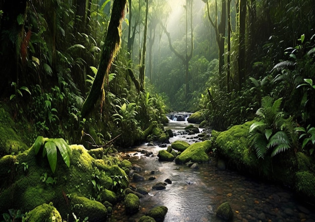 Hay un arroyo que atraviesa un exuberante bosque verde lleno de árboles generativos ai