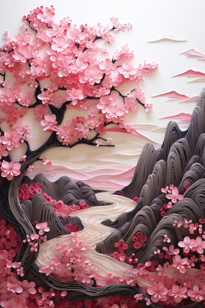 Hay un arte de papel de un árbol con flores rosas generativo ai