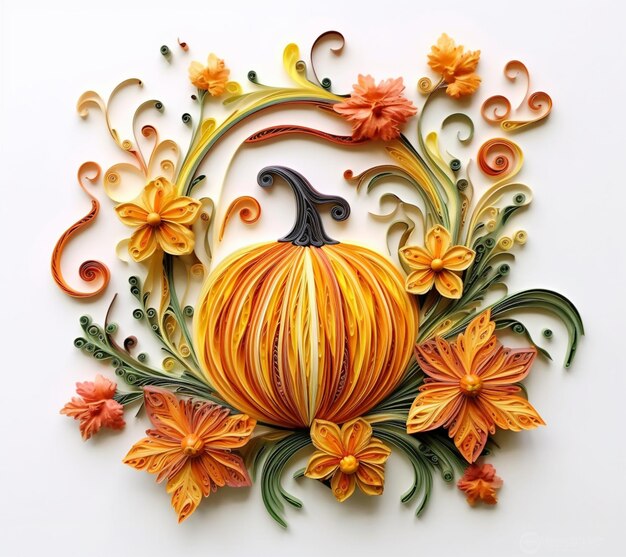 Hay un arte de papel de una calabaza rodeada de flores generativa ai