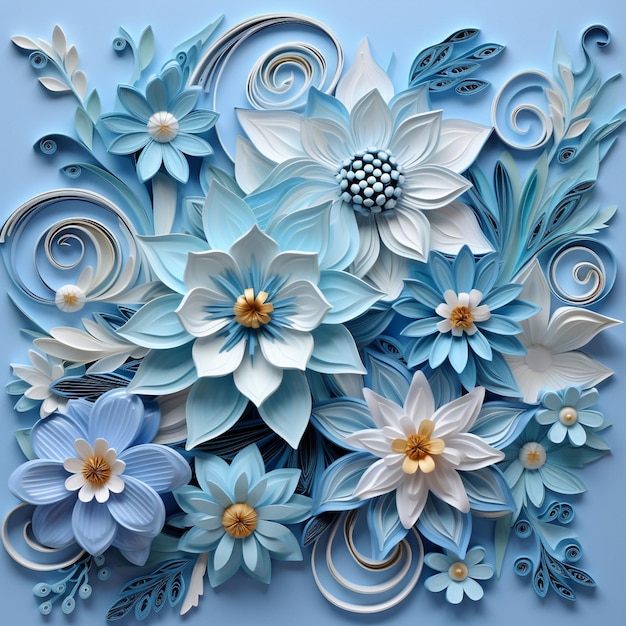 hay un arte de papel de flores y hojas en un fondo azul generativo ai