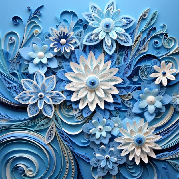 hay un arte de papel de flores y remolinos en un fondo azul generativo ai