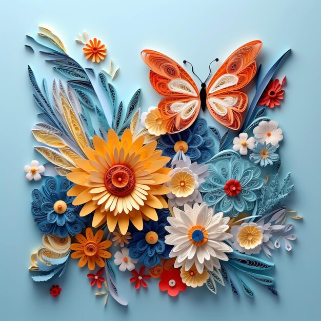 Hay un arte de papel de una mariposa y flores generativas ai