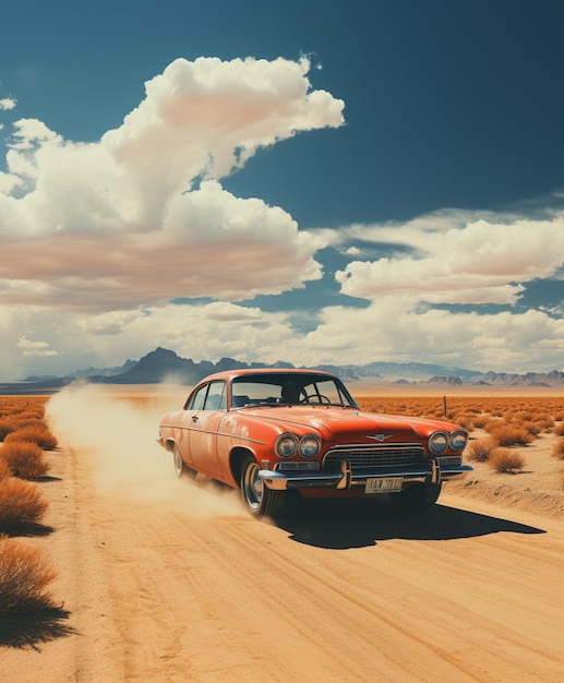 Foto hay un auto rojo conduciendo por un camino de tierra en el desierto ai generativo