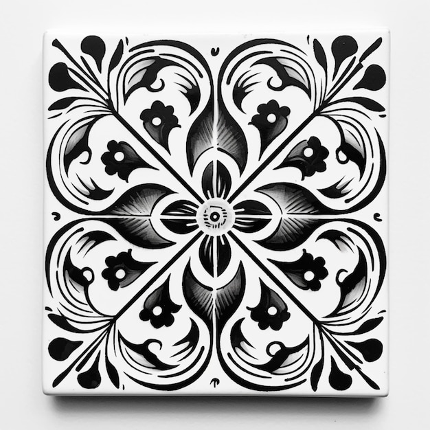 Foto hay un azulejo blanco y negro con un diseño de flores generativo ai