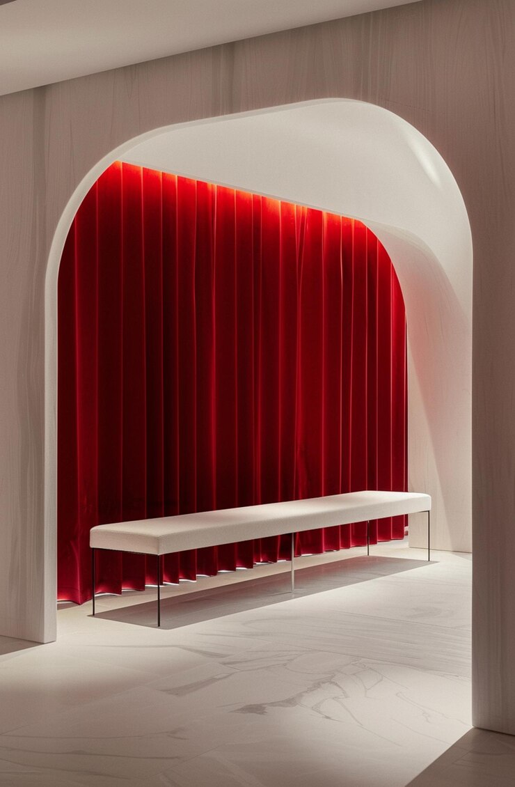 hay un banco en una habitación con una cortina roja generativa ai