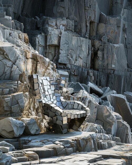 hay un banco hecho de rocas en una playa rocosa generativa ai