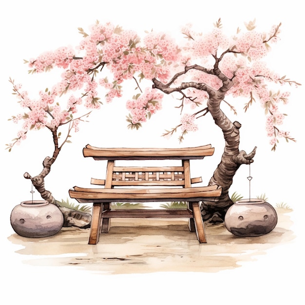 hay un banco de madera debajo de un árbol con flores rosadas generativa ai