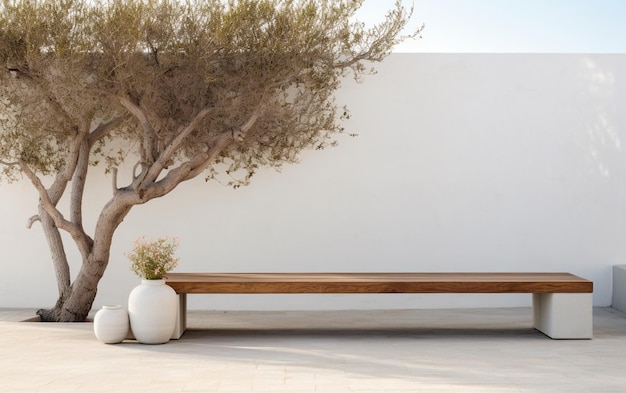 Hay un banco de madera sentado junto a un árbol en un patio generativo ai