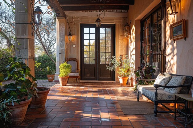 hay un banco y una silla en un patio de ladrillo generativo ai