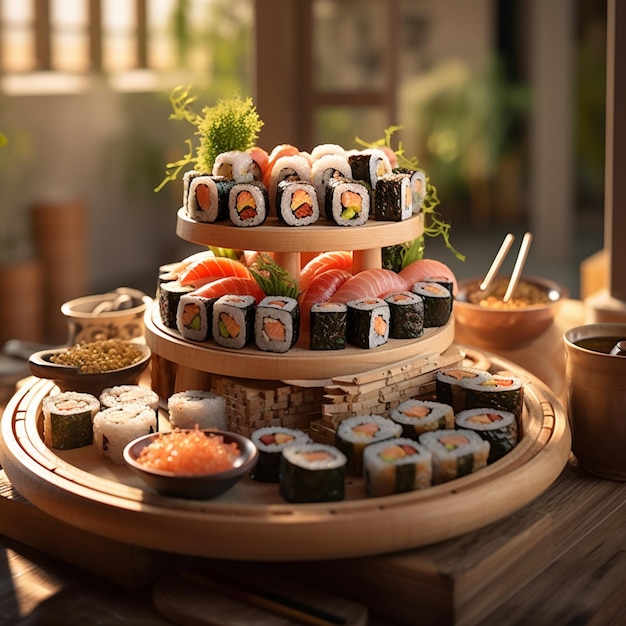 hay una bandeja de tres niveles con sushi en ella ai generativa