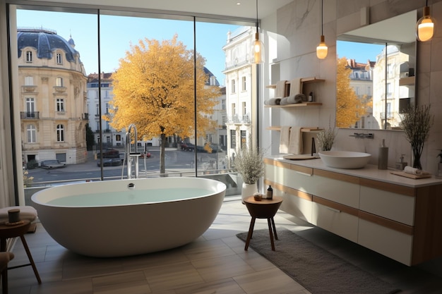 hay una bañera en un baño con una gran ventana generativa ai