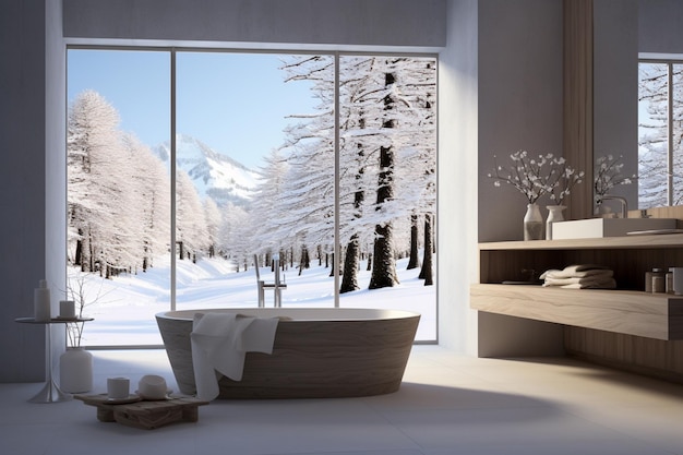 Hay una bañera en un baño con vistas a las montañas cubiertas de nieve generativa ai.