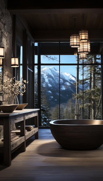 Hay una bañera grande en una habitación grande con aire generativo con vistas a la montaña.