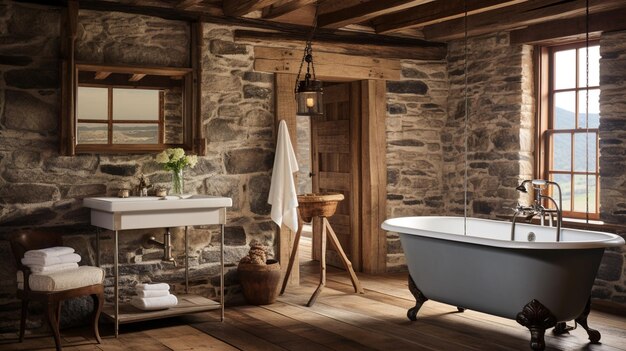 hay una bañera y un lavabo en un baño con paredes de piedra ai generativo
