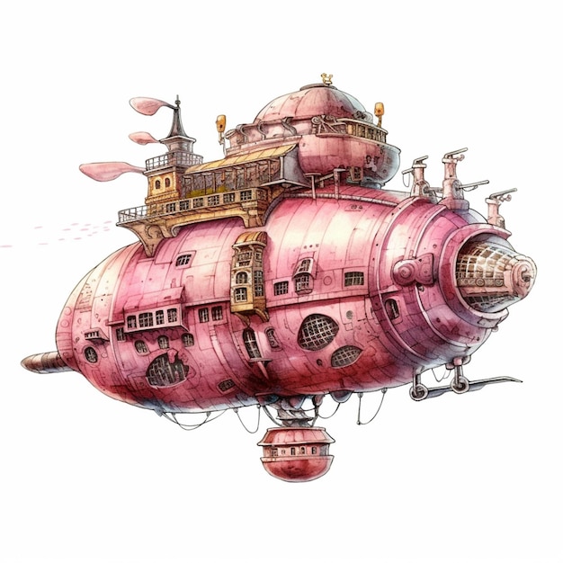 Hay un barco de vapor rosa con una gran torre ai generativa