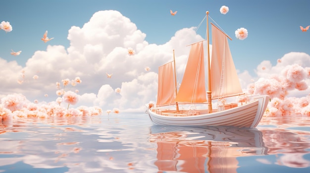 hay un barco con velas naranjas flotando en el agua ai generativa