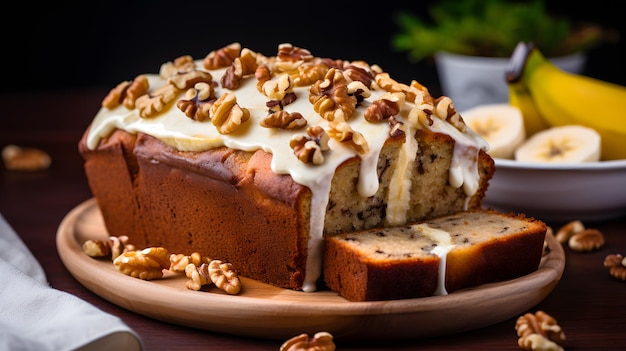 hay una barra de pastel con glaseado y nueces en un plato IA generativa