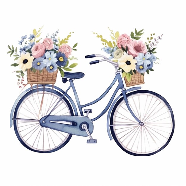 Foto hay una bicicleta azul con flores en la canasta generativa ai