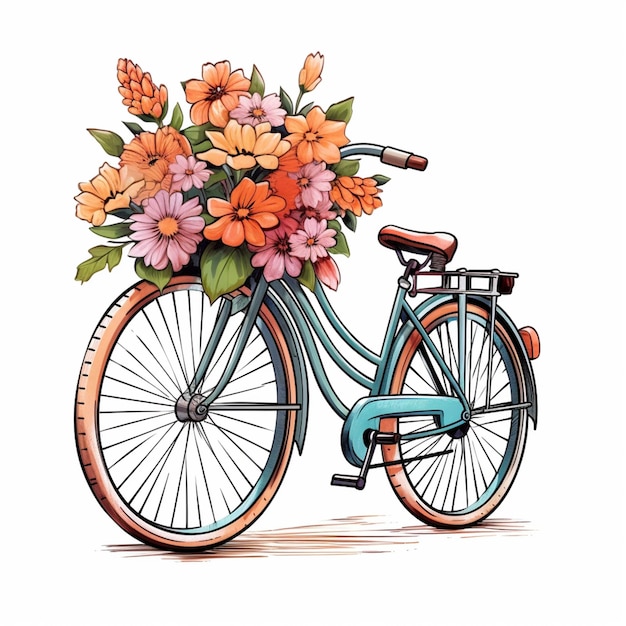 hay una bicicleta con una canasta de flores en el frente generativo ai
